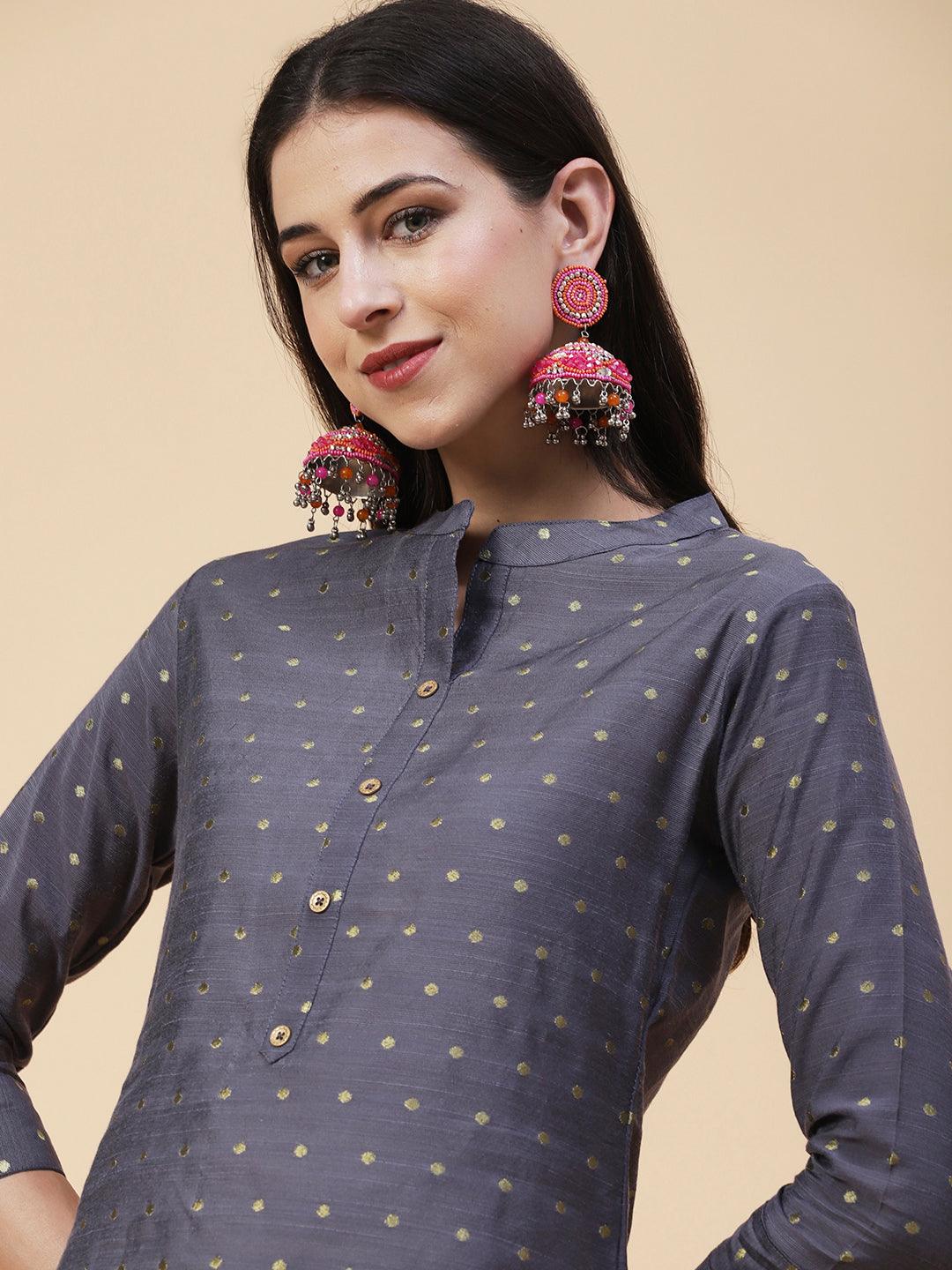 Woven Zari Buti Design Metal Buttoned Kurta - Grey - Indiakreations