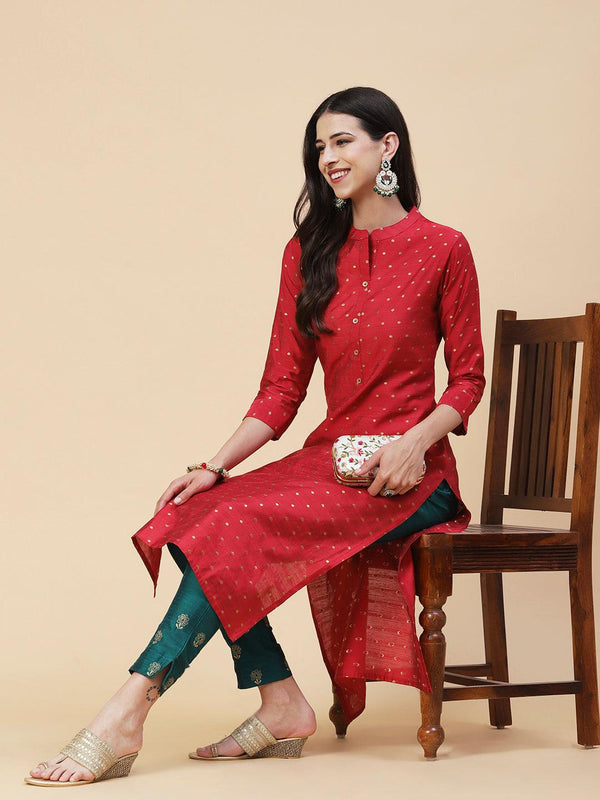 Woven Zari Buti Design Metal Buttoned Kurta - Red - Indiakreations