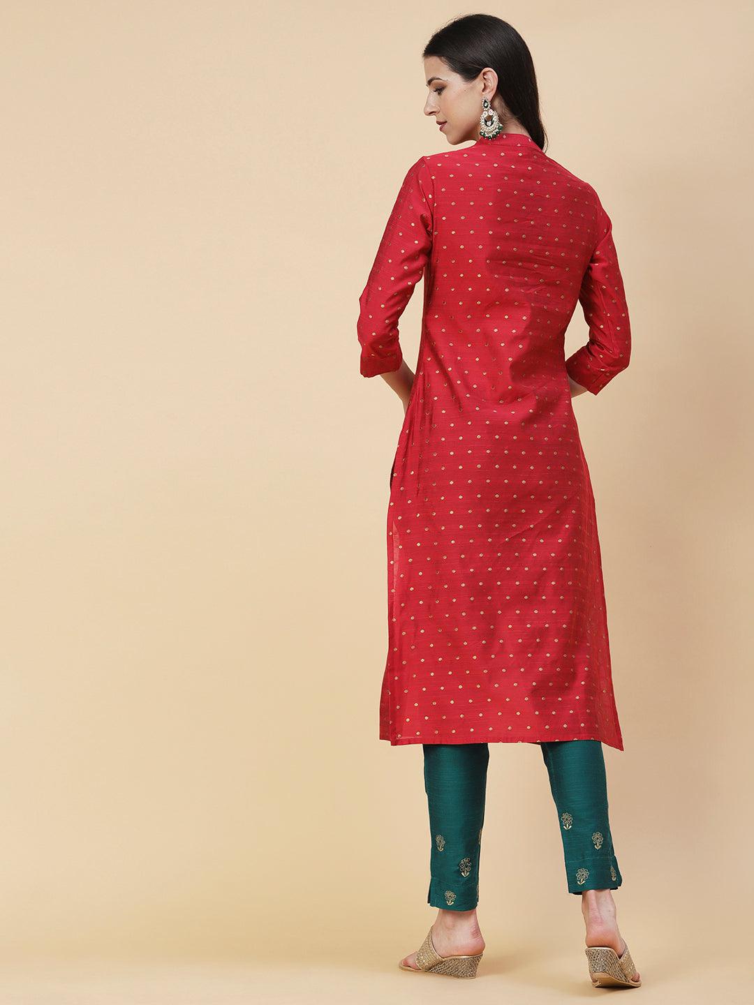 Woven Zari Buti Design Metal Buttoned Kurta - Red - Indiakreations