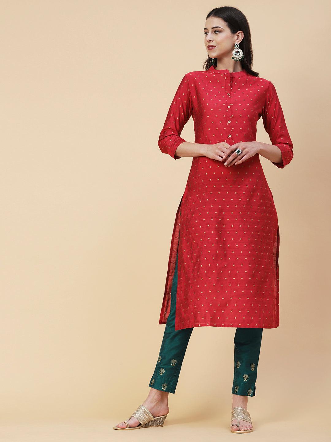 Woven Zari Buti Design Metal Buttoned Kurta - Red - Indiakreations