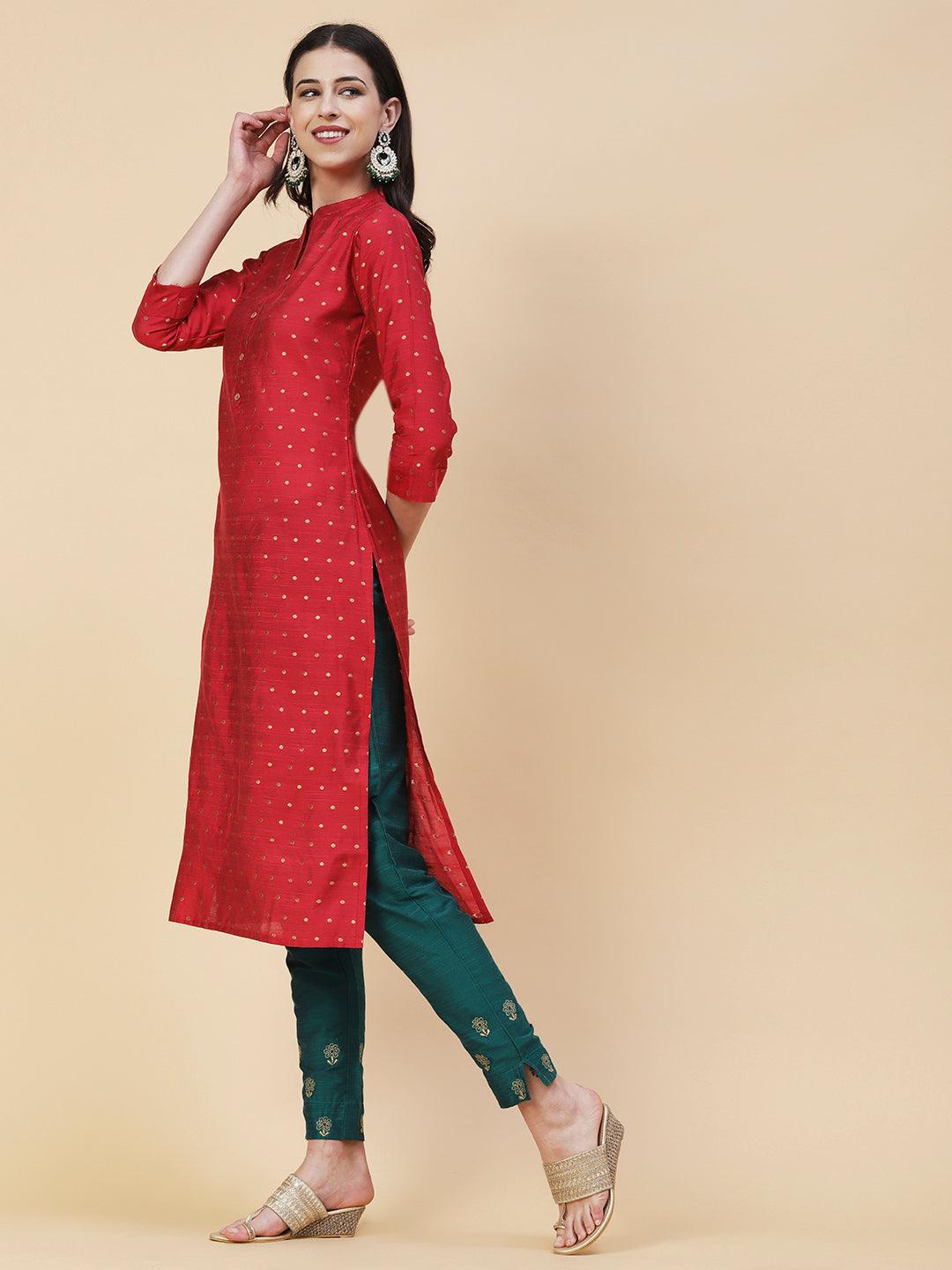 Woven Zari Buti Design Metal Buttoned Kurta - Red - Indiakreations