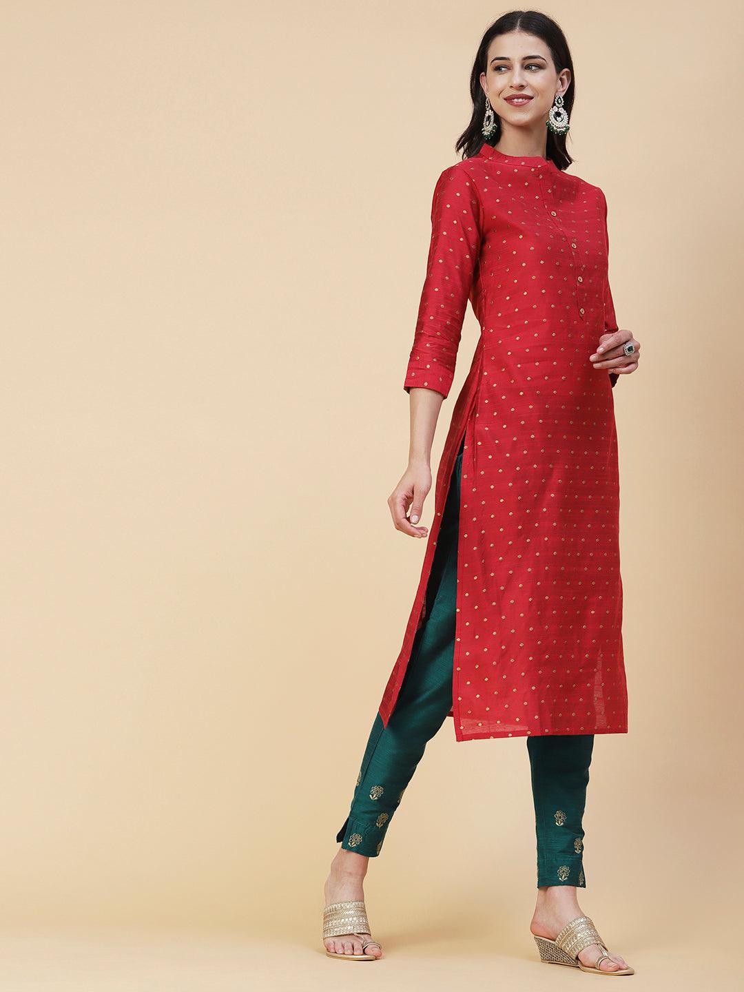 Woven Zari Buti Design Metal Buttoned Kurta - Red - Indiakreations