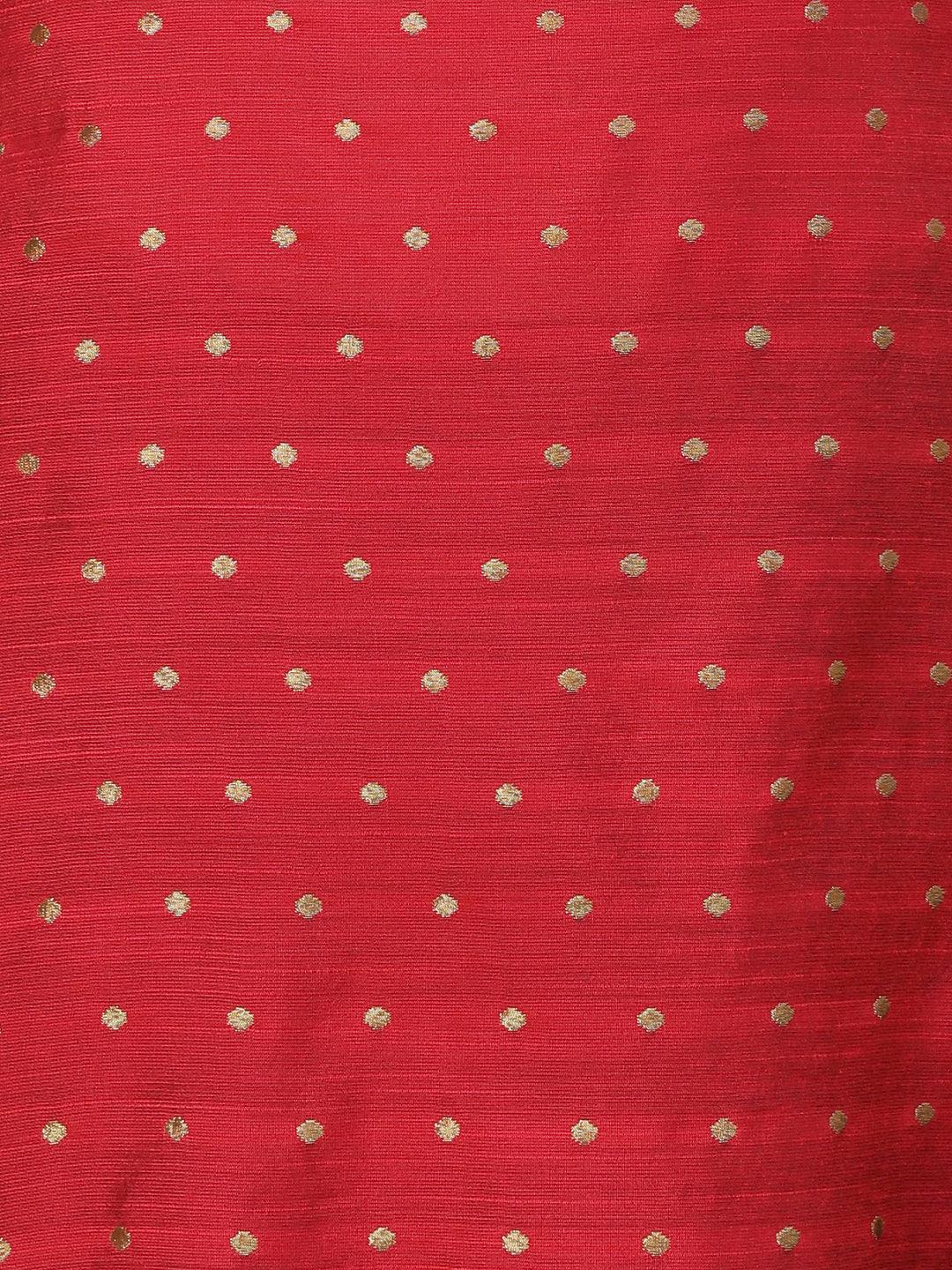 Woven Zari Buti Design Metal Buttoned Kurta - Red - Indiakreations