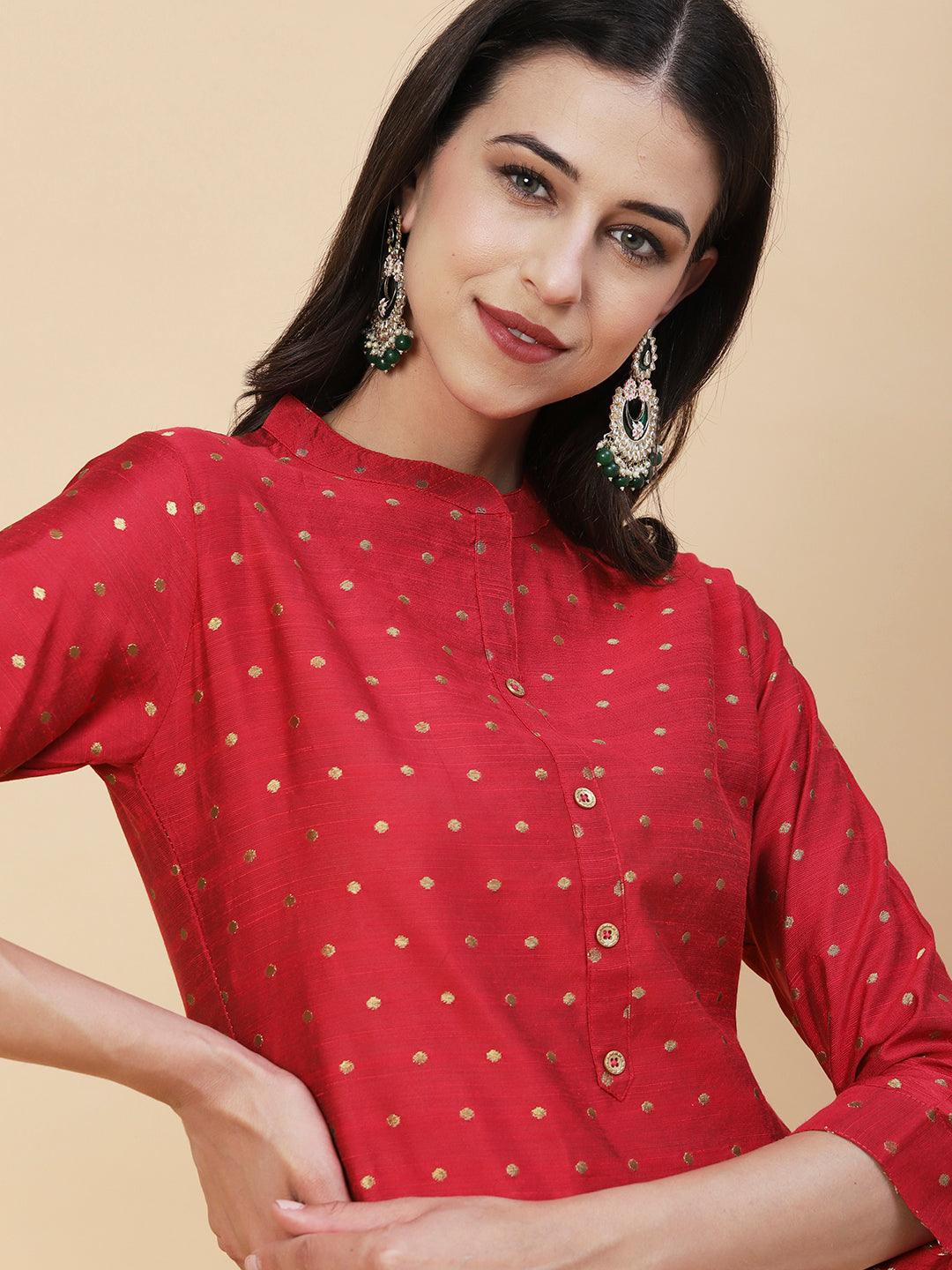 Woven Zari Buti Design Metal Buttoned Kurta - Red - Indiakreations