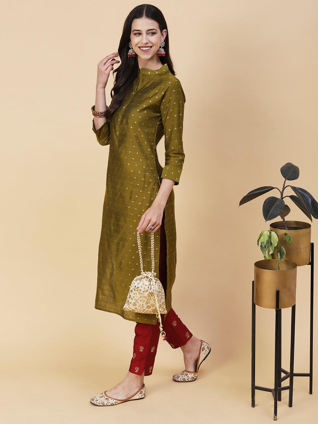 Woven Zari Buti Design Metal Buttoned Kurta - Olive Green - Indiakreations