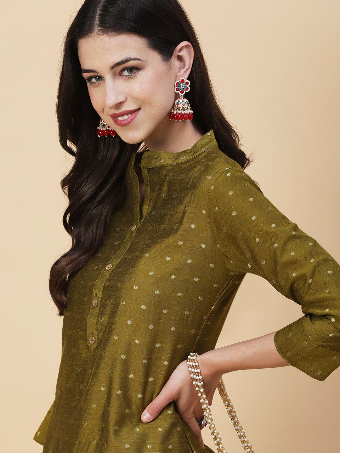 Woven Zari Buti Design Metal Buttoned Kurta - Olive Green - Indiakreations