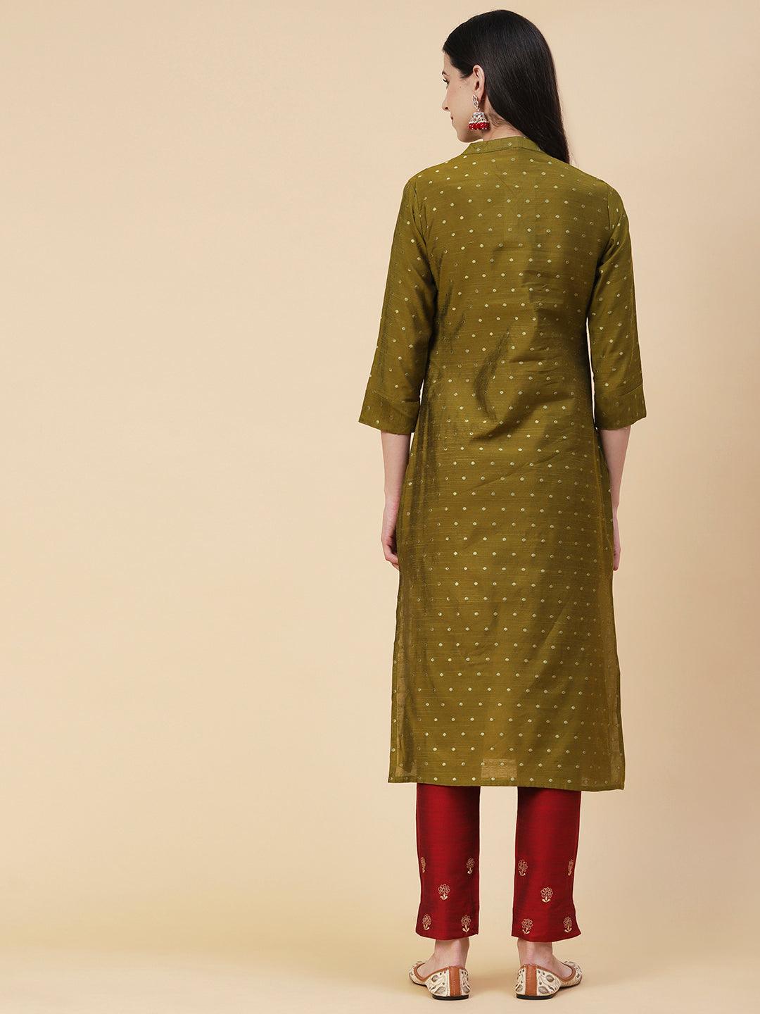 Woven Zari Buti Design Metal Buttoned Kurta - Olive Green - Indiakreations