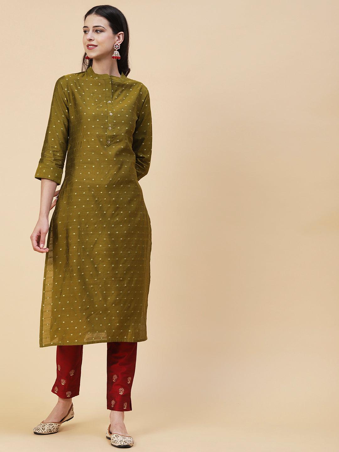 Woven Zari Buti Design Metal Buttoned Kurta - Olive Green - Indiakreations