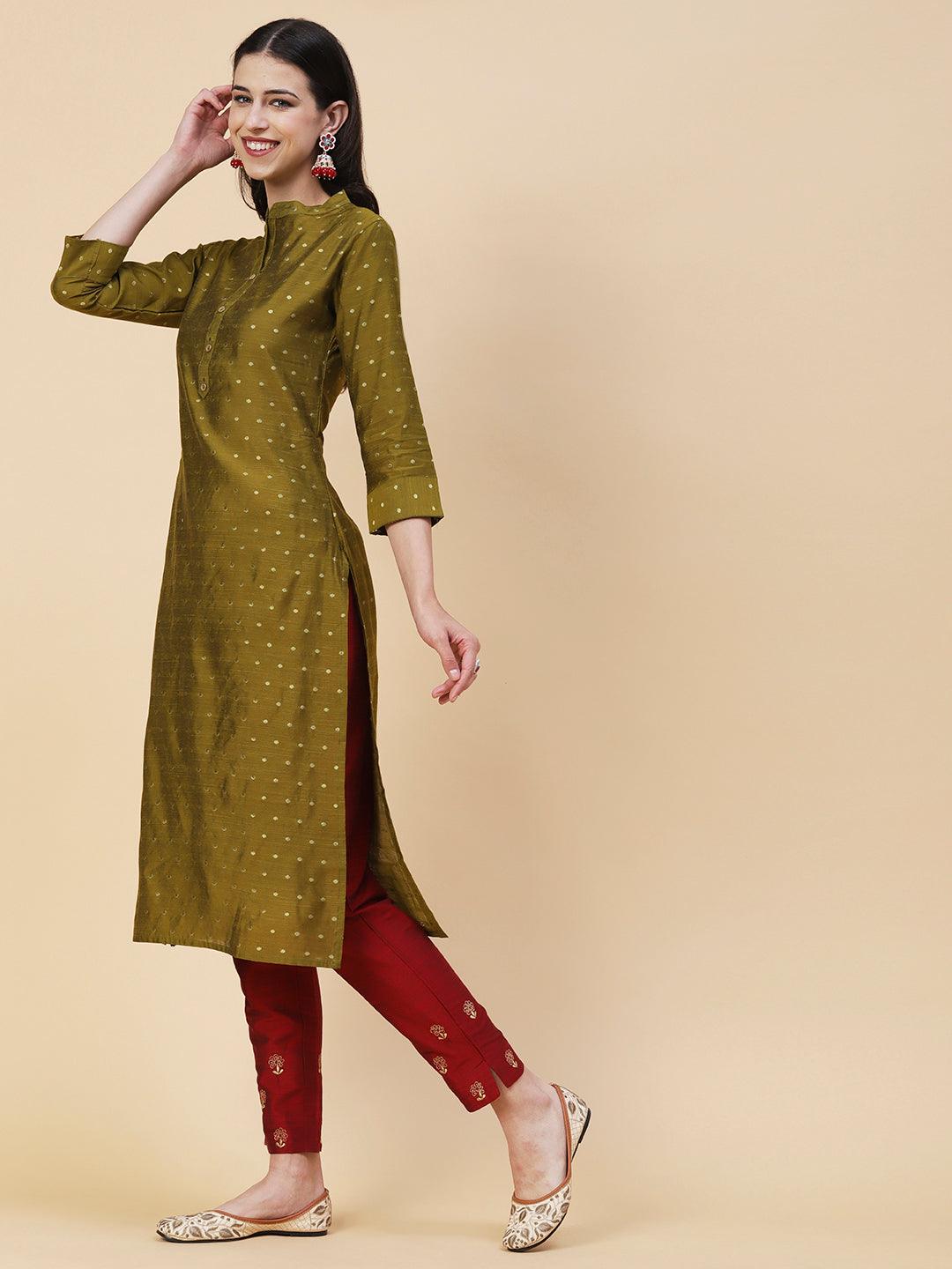 Woven Zari Buti Design Metal Buttoned Kurta - Olive Green - Indiakreations