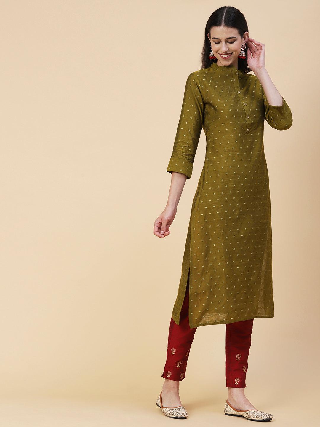 Woven Zari Buti Design Metal Buttoned Kurta - Olive Green - Indiakreations