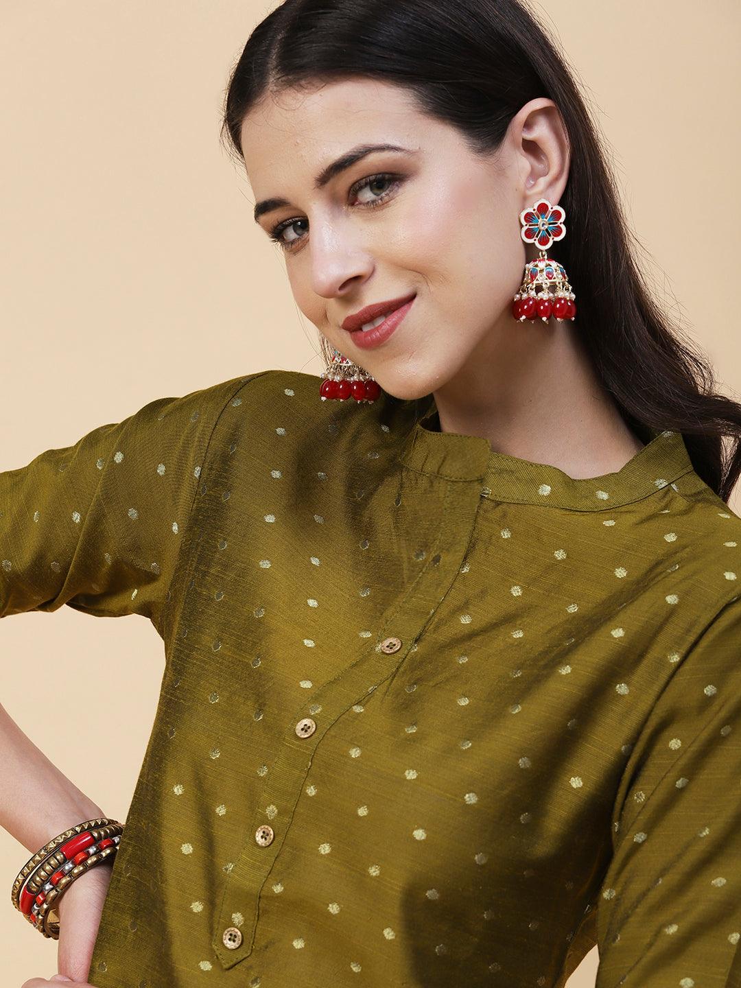 Woven Zari Buti Design Metal Buttoned Kurta - Olive Green - Indiakreations