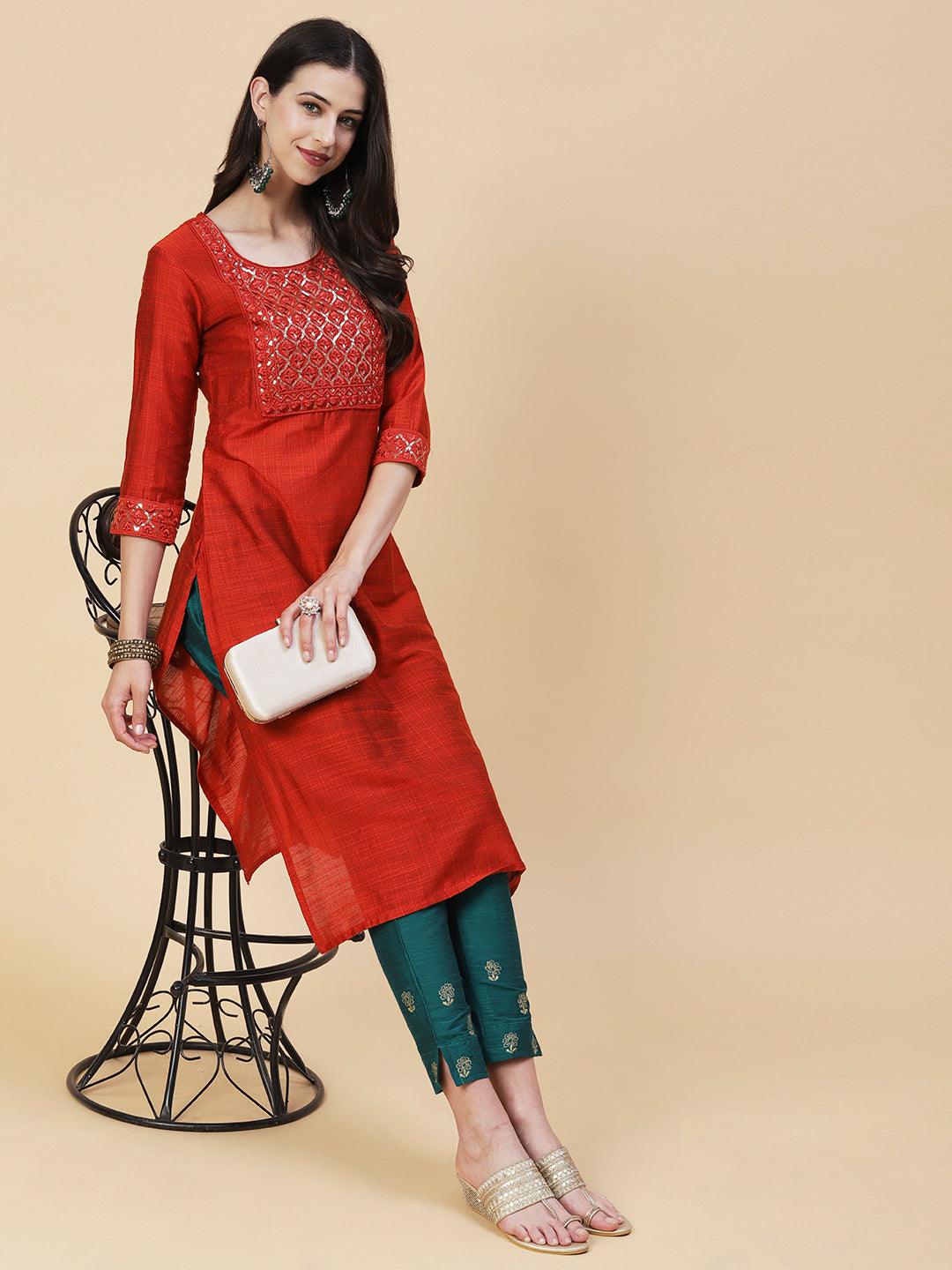 Woven Textured Resham & Sequins Embroidered Kurta - Orange - Indiakreations