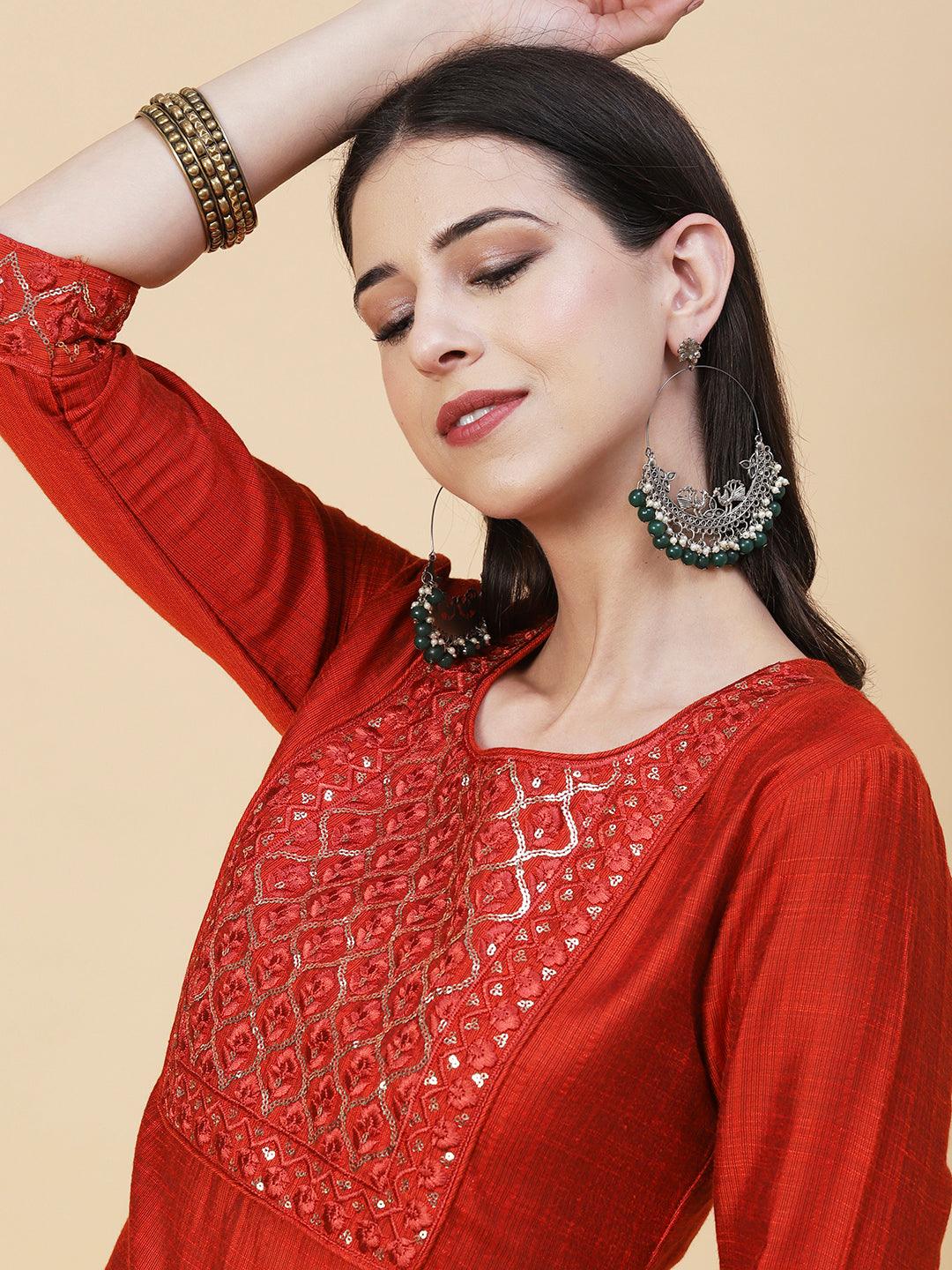 Woven Textured Resham & Sequins Embroidered Kurta - Orange - Indiakreations