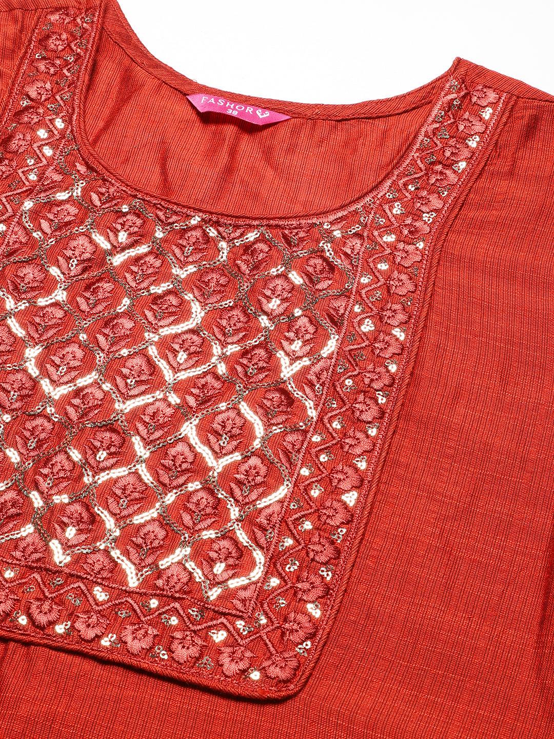 Woven Textured Resham & Sequins Embroidered Kurta - Orange - Indiakreations