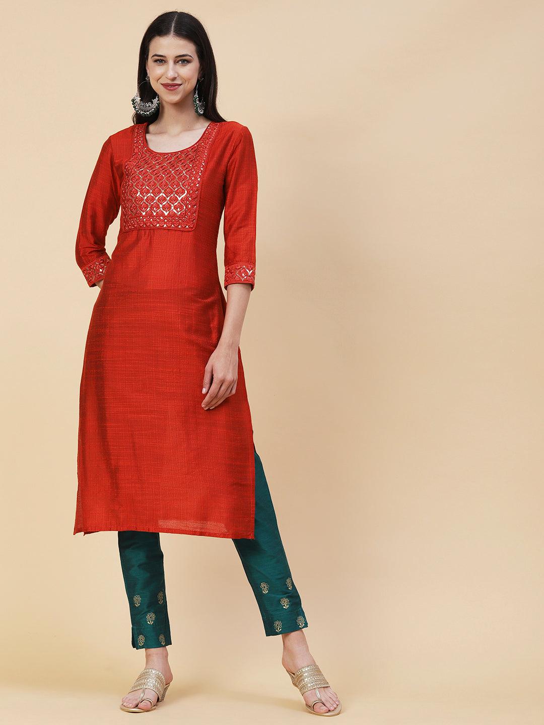 Woven Textured Resham & Sequins Embroidered Kurta - Orange - Indiakreations