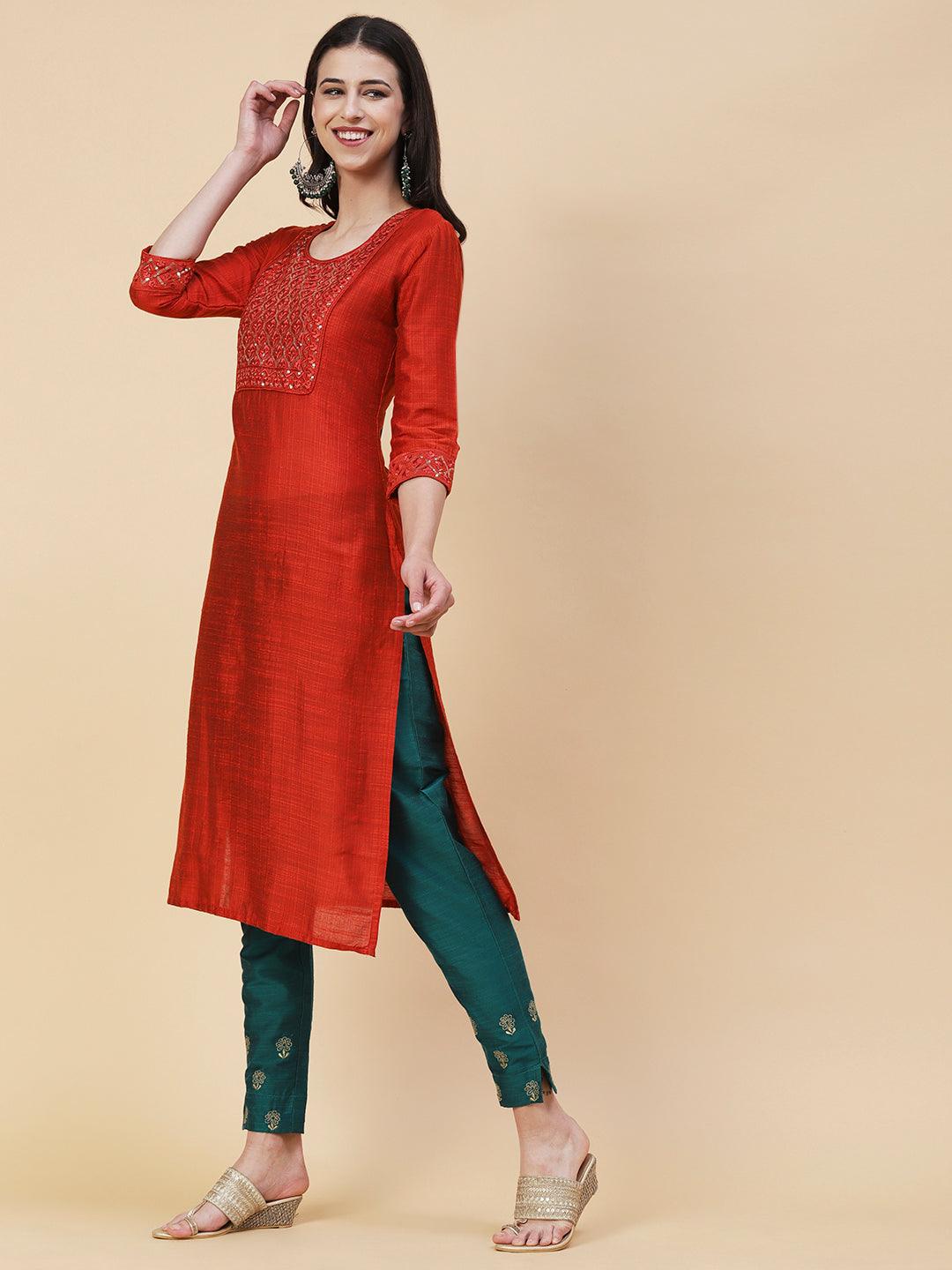 Woven Textured Resham & Sequins Embroidered Kurta - Orange - Indiakreations