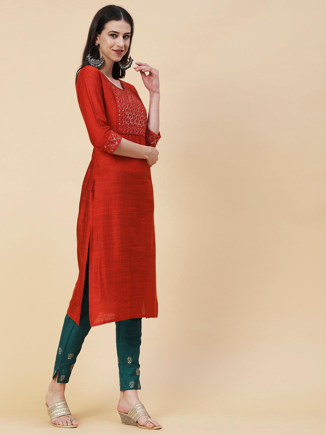 Woven Textured Resham & Sequins Embroidered Kurta - Orange - Indiakreations