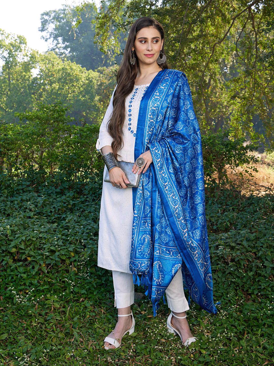 Ethnic Embroidered Straight Fit Kurta with Pants & Dupatta - Off White - Indiakreations