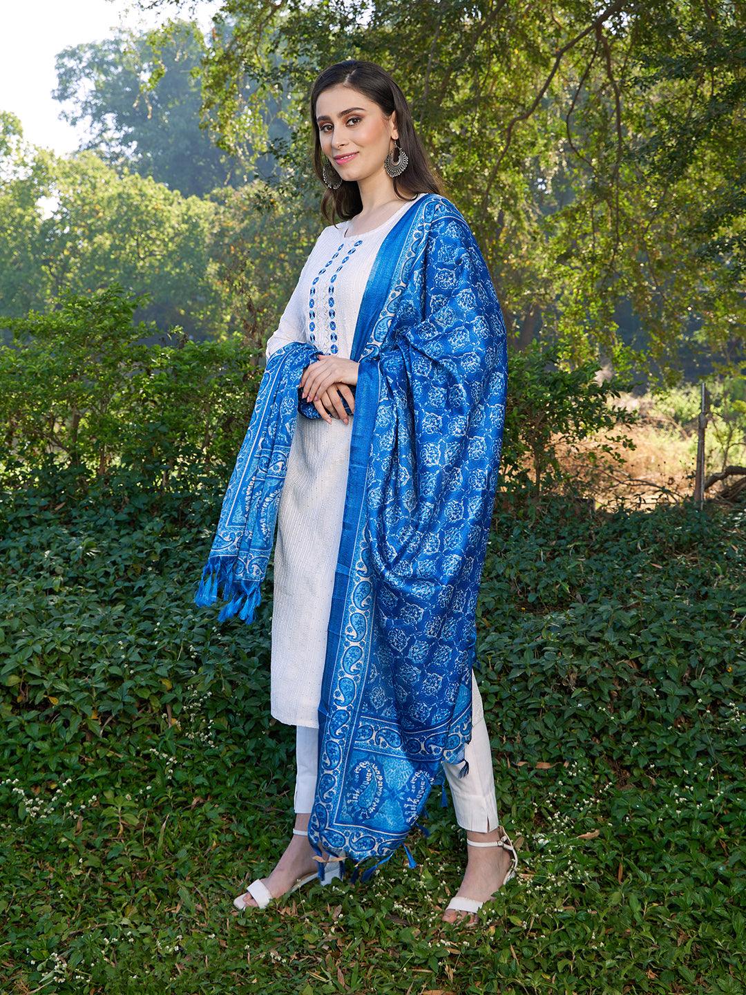 Ethnic Embroidered Straight Fit Kurta with Pants & Dupatta - Off White - Indiakreations