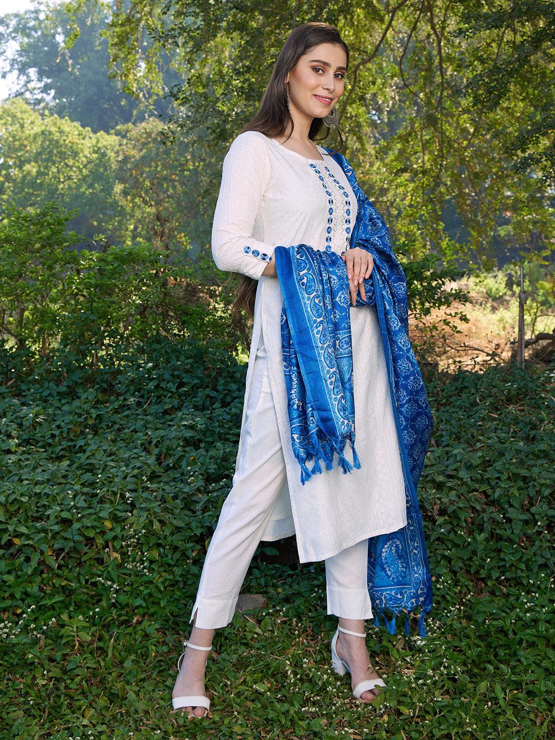 Ethnic Embroidered Straight Fit Kurta with Pants & Dupatta - Off White - Indiakreations