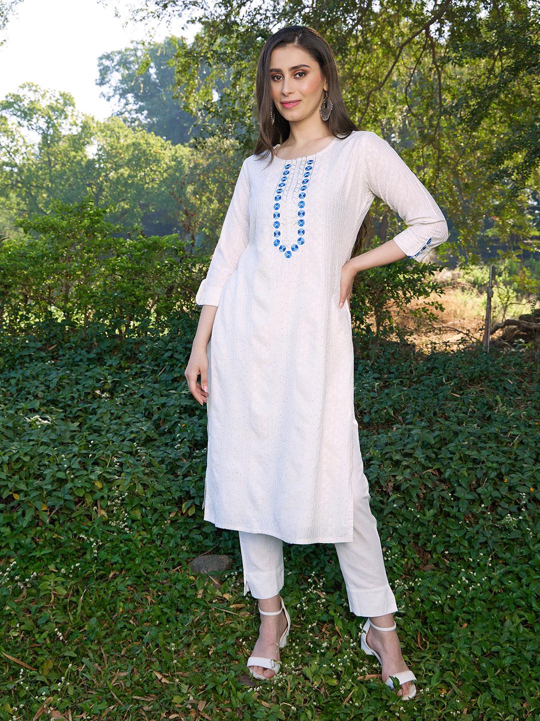 Ethnic Embroidered Straight Fit Kurta with Pants & Dupatta - Off White - Indiakreations