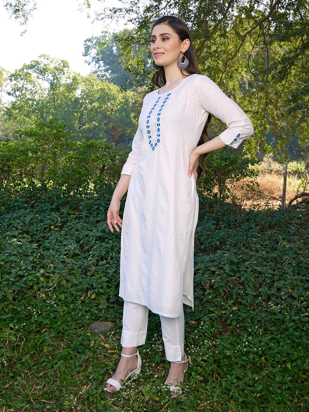 Ethnic Embroidered Straight Fit Kurta with Pants & Dupatta - Off White - Indiakreations