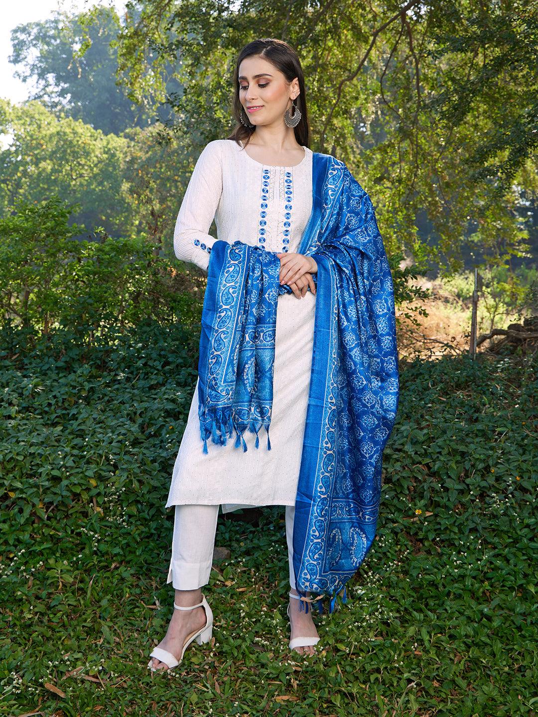 Ethnic Embroidered Straight Fit Kurta with Pants & Dupatta - Off White - Indiakreations