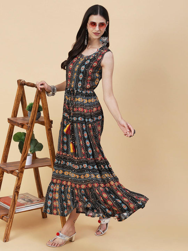 Abstract Striped Printed Mirror Embroidered Tiered Maxi Dress - Black - Indiakreations