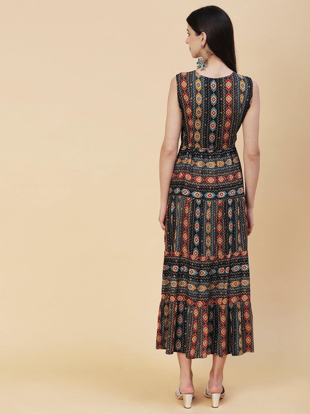 Abstract Striped Printed Mirror Embroidered Tiered Maxi Dress - Black - Indiakreations