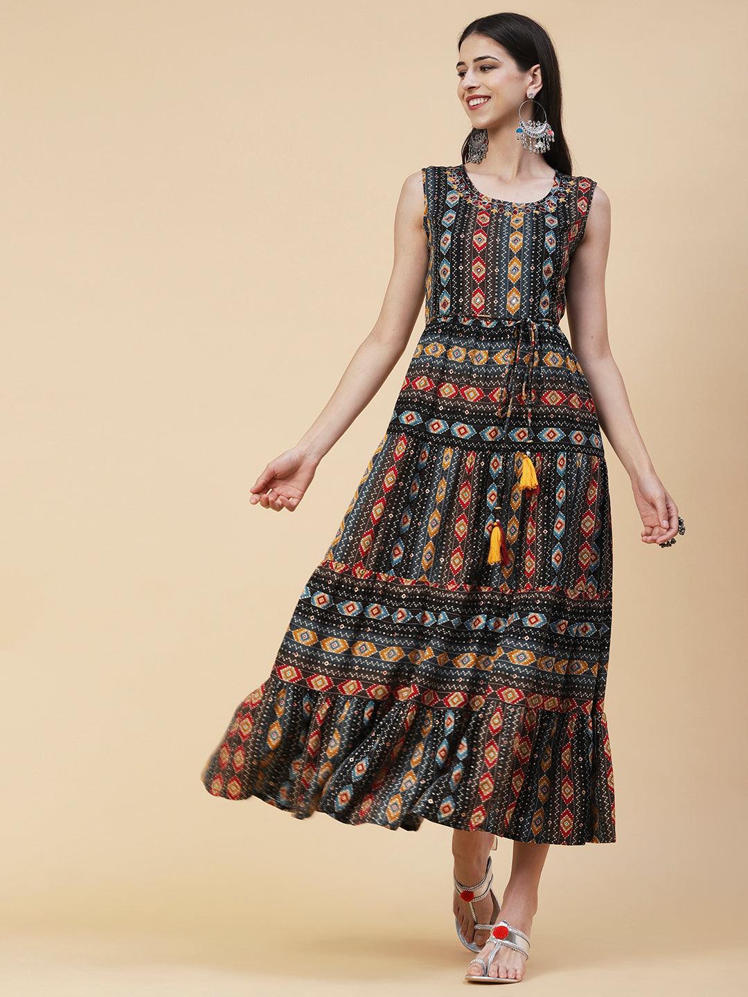 Abstract Striped Printed Mirror Embroidered Tiered Maxi Dress - Black - Indiakreations