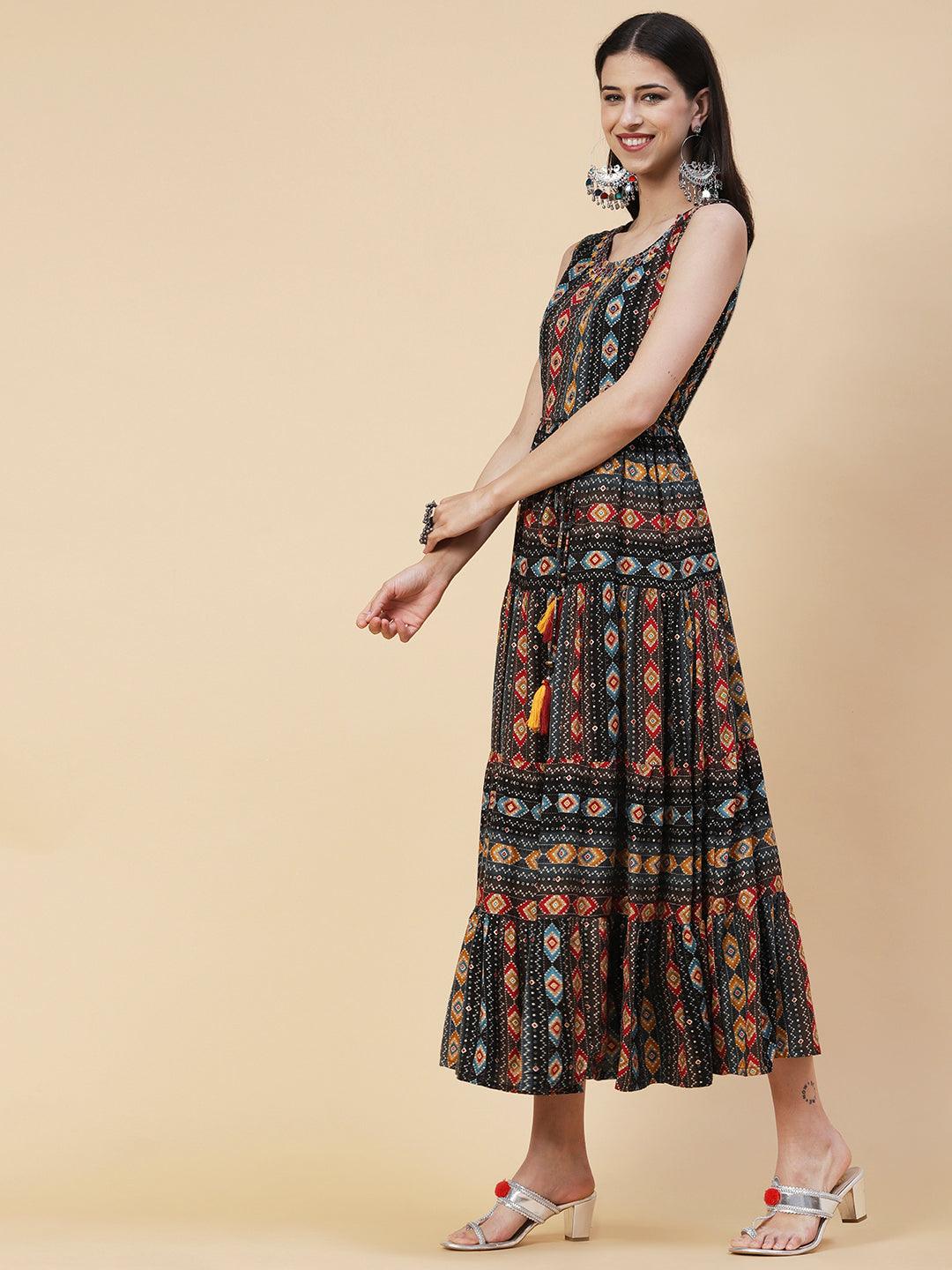 Abstract Striped Printed Mirror Embroidered Tiered Maxi Dress - Black - Indiakreations