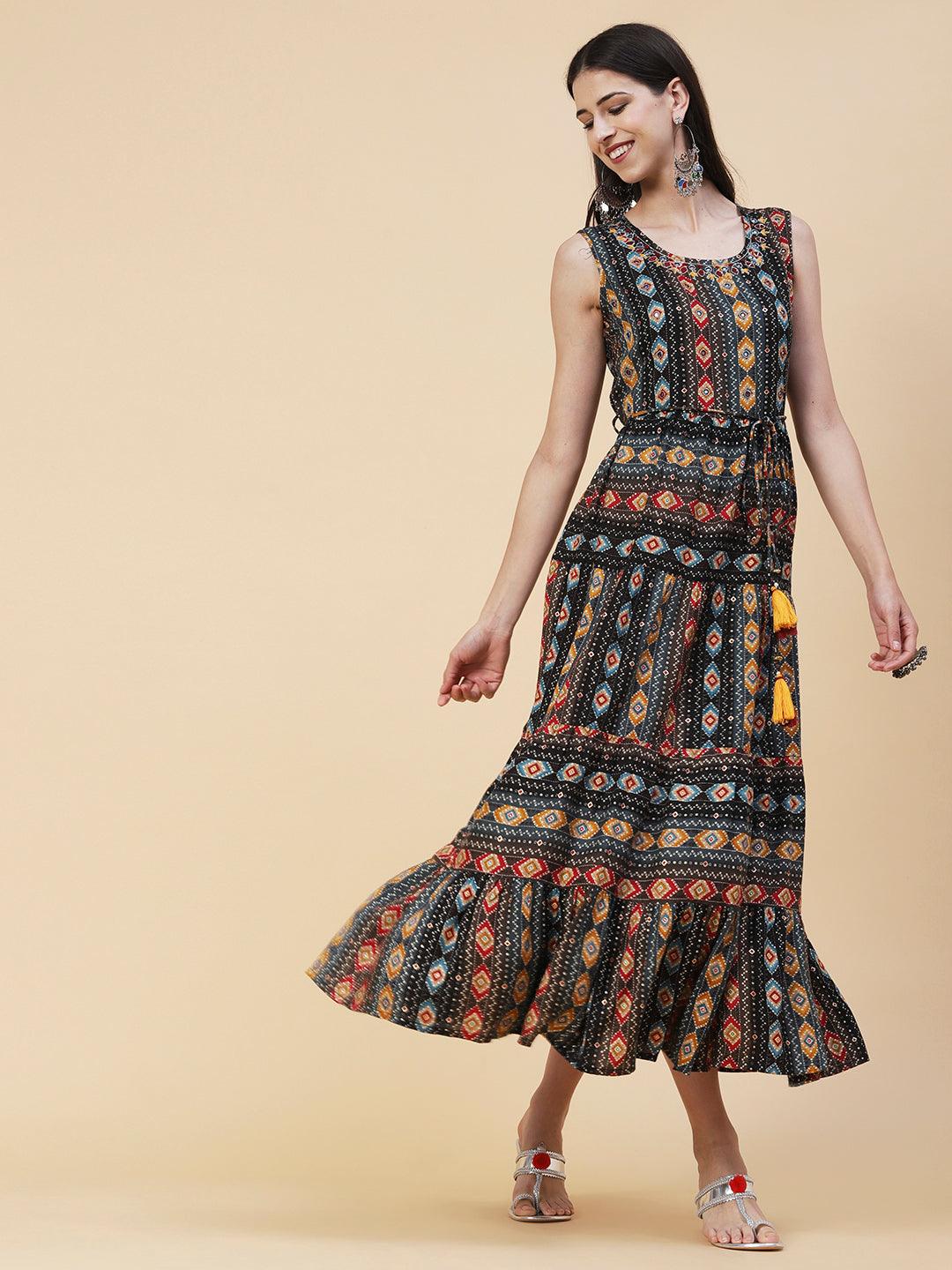 Abstract Striped Printed Mirror Embroidered Tiered Maxi Dress - Black - Indiakreations