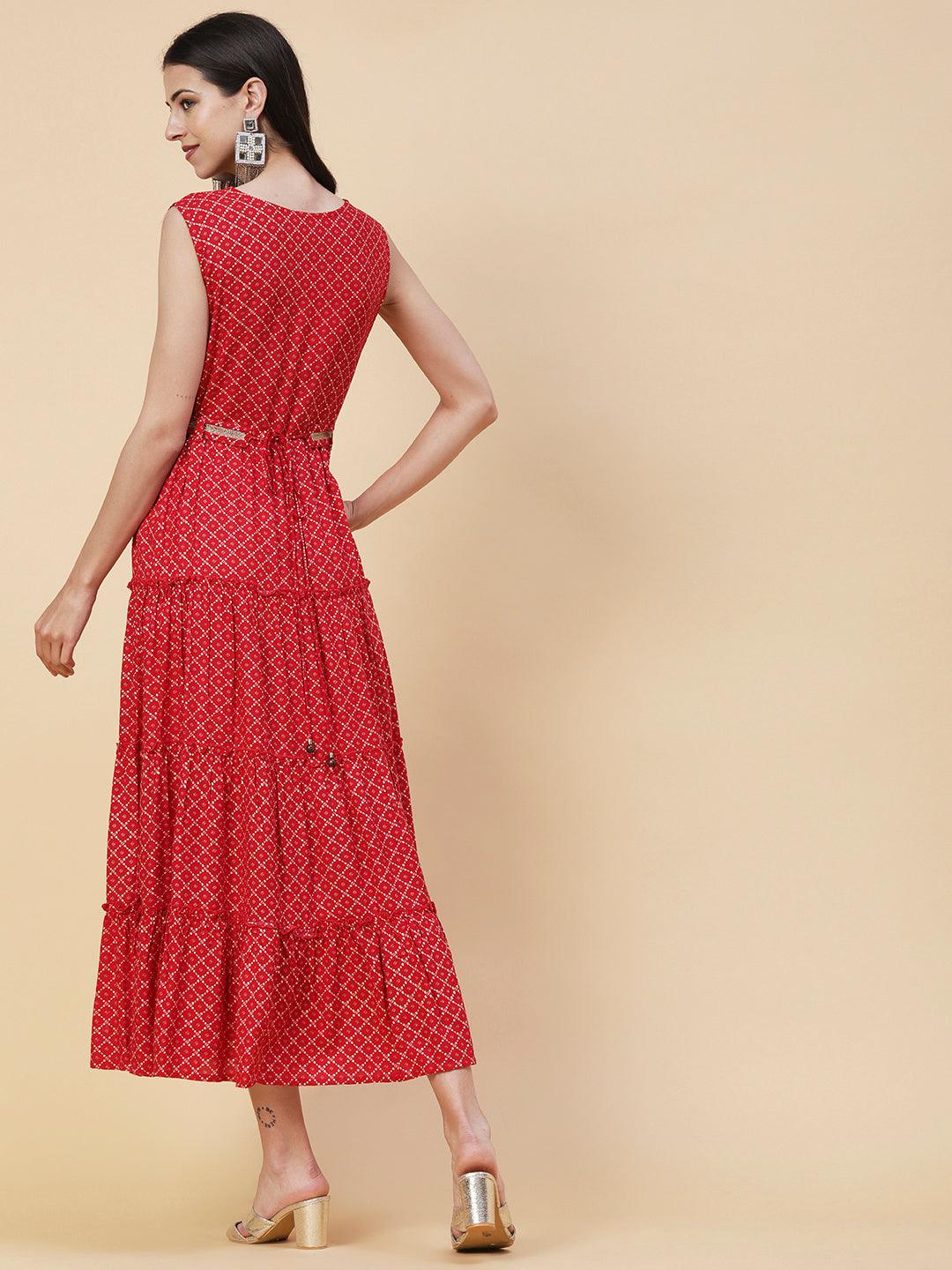 Geometric Printed Zardozi Work Tiered maxi Dress With Cutdana Embroidered Belt - Red - Indiakreations