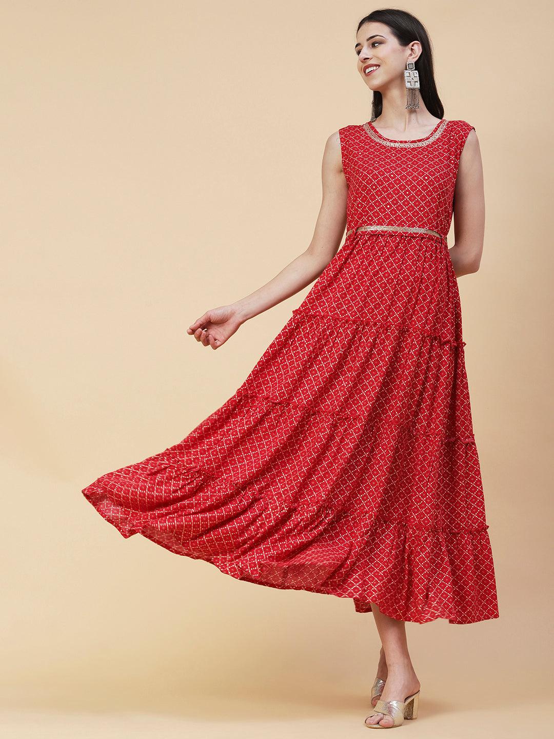 Geometric Printed Zardozi Work Tiered maxi Dress With Cutdana Embroidered Belt - Red - Indiakreations