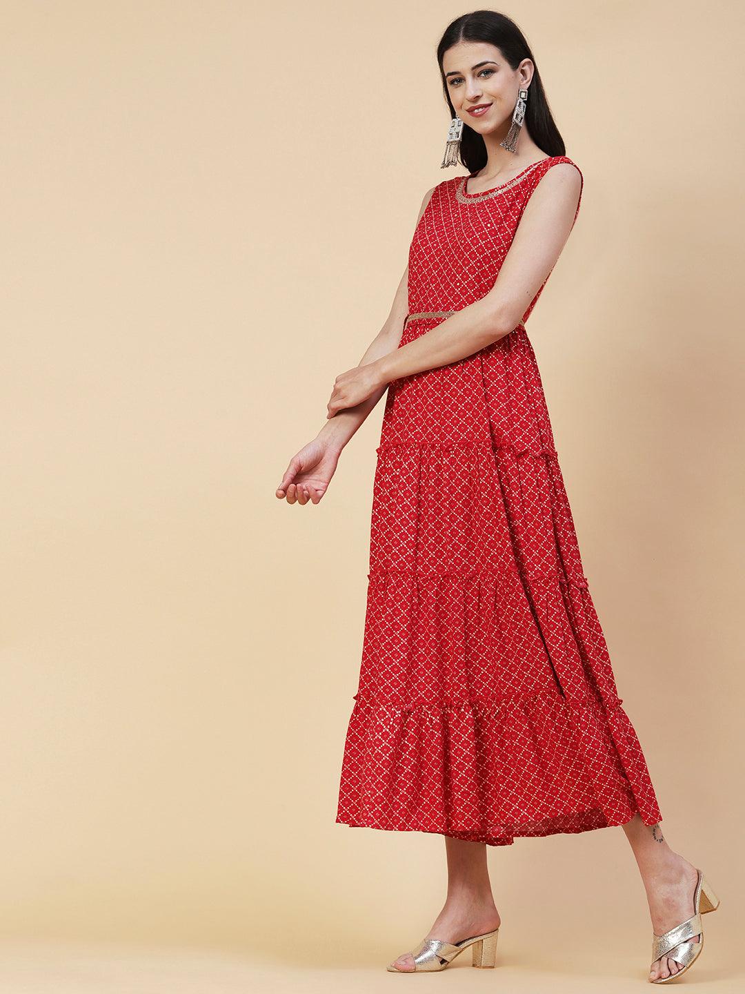 Geometric Printed Zardozi Work Tiered maxi Dress With Cutdana Embroidered Belt - Red - Indiakreations