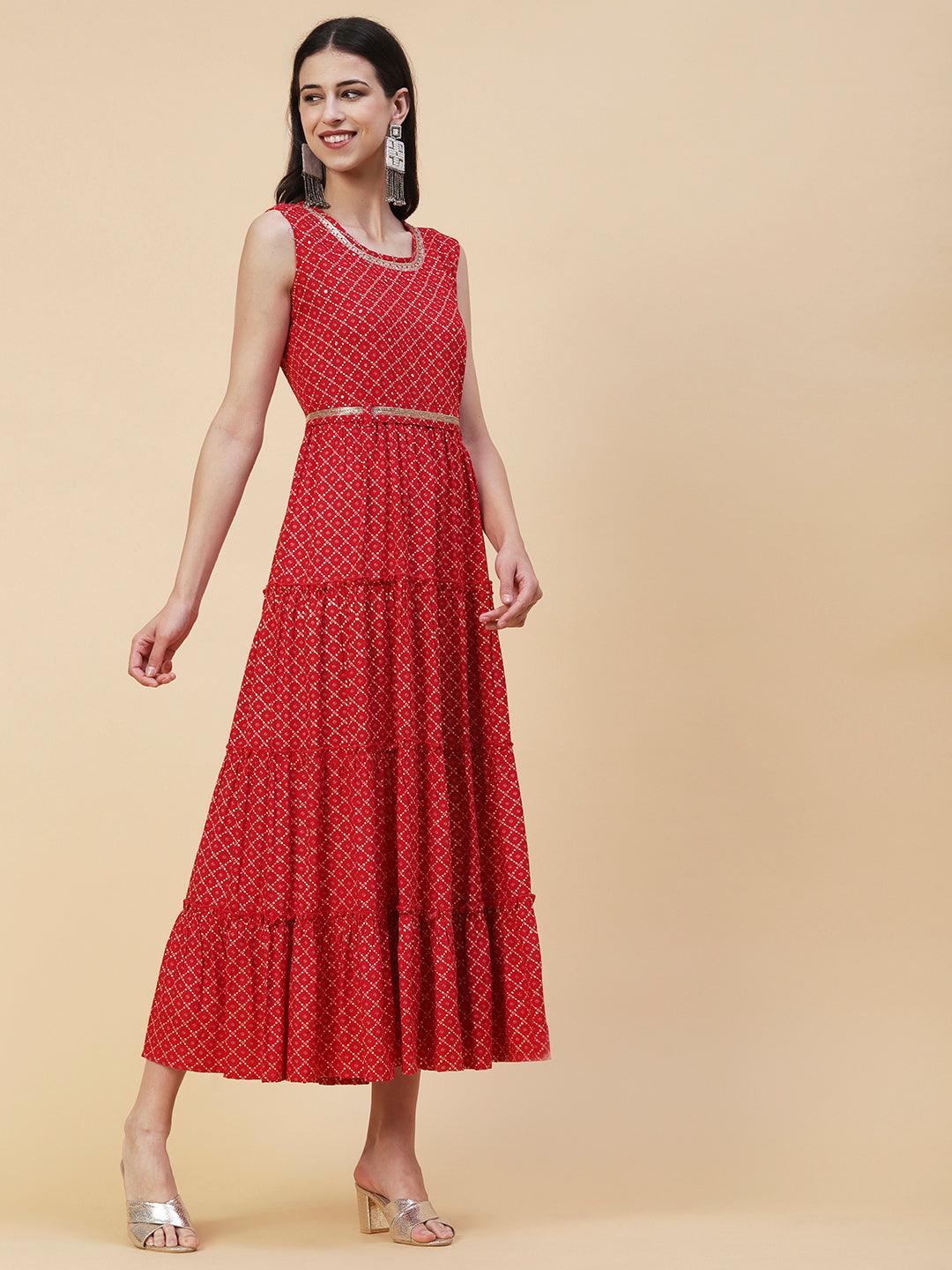 Geometric Printed Zardozi Work Tiered maxi Dress With Cutdana Embroidered Belt - Red - Indiakreations