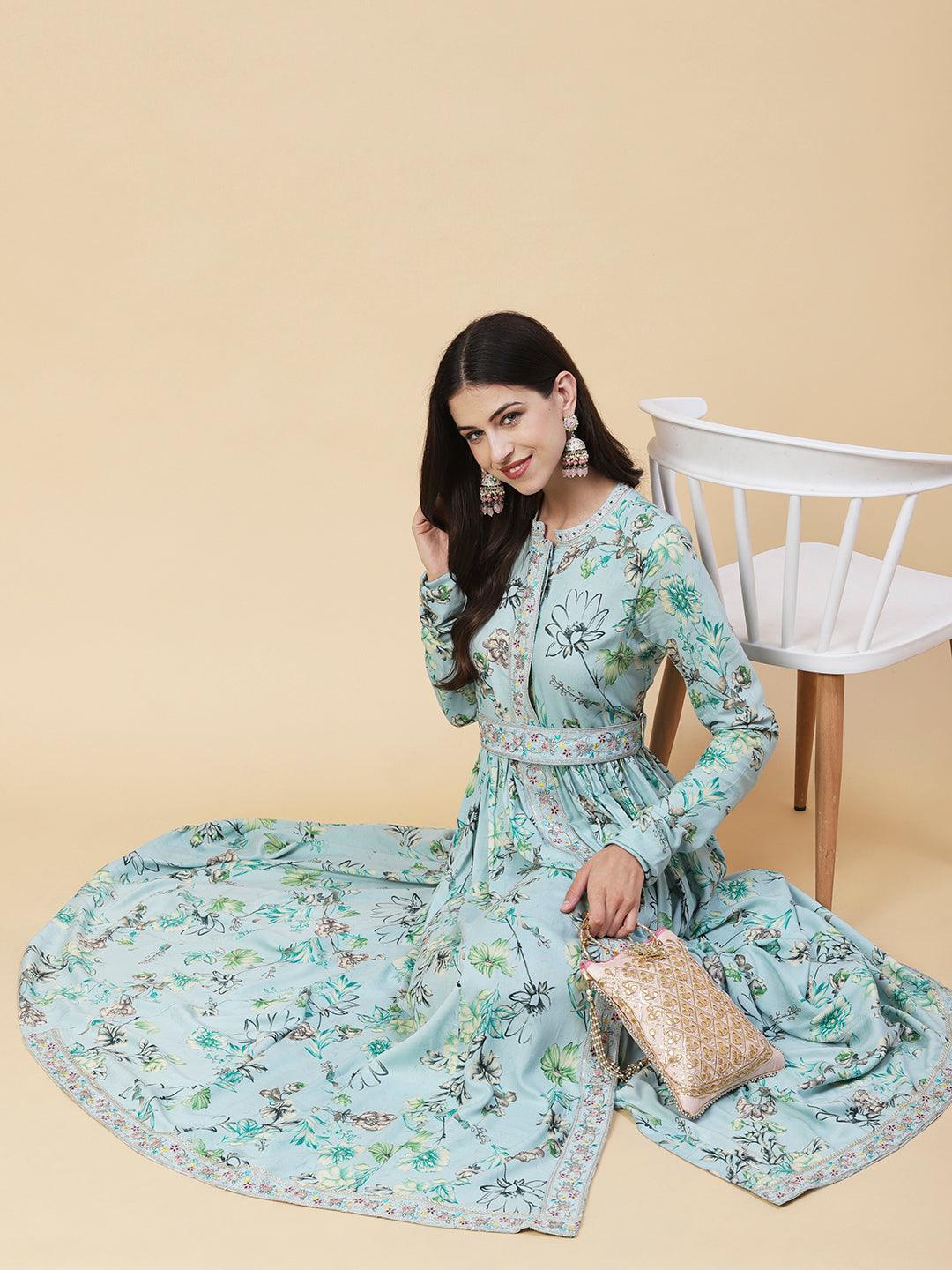 Floral Printed Zari & Resham Embroidered Maxi Dress With Embroidered Belt - Blue - Indiakreations