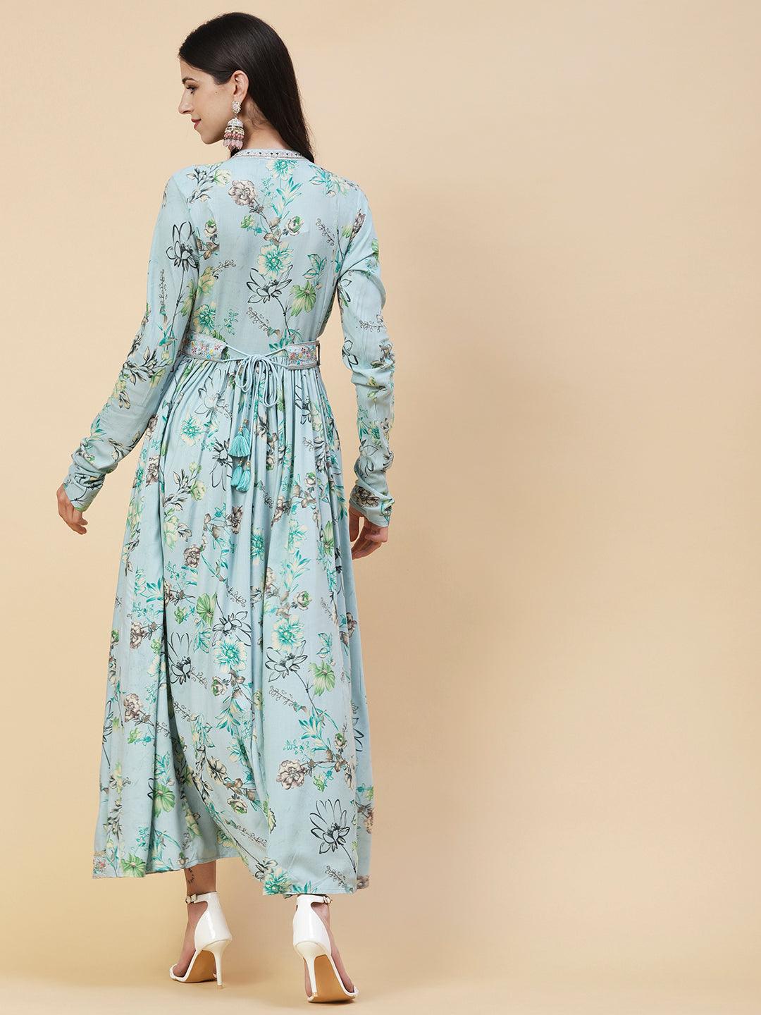 Floral Printed Zari & Resham Embroidered Maxi Dress With Embroidered Belt - Blue - Indiakreations