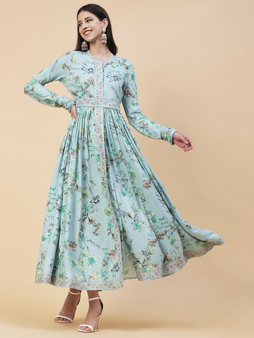 Floral Printed Zari & Resham Embroidered Maxi Dress With Embroidered Belt - Blue - Indiakreations