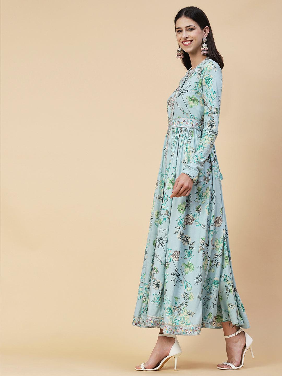 Floral Printed Zari & Resham Embroidered Maxi Dress With Embroidered Belt - Blue - Indiakreations