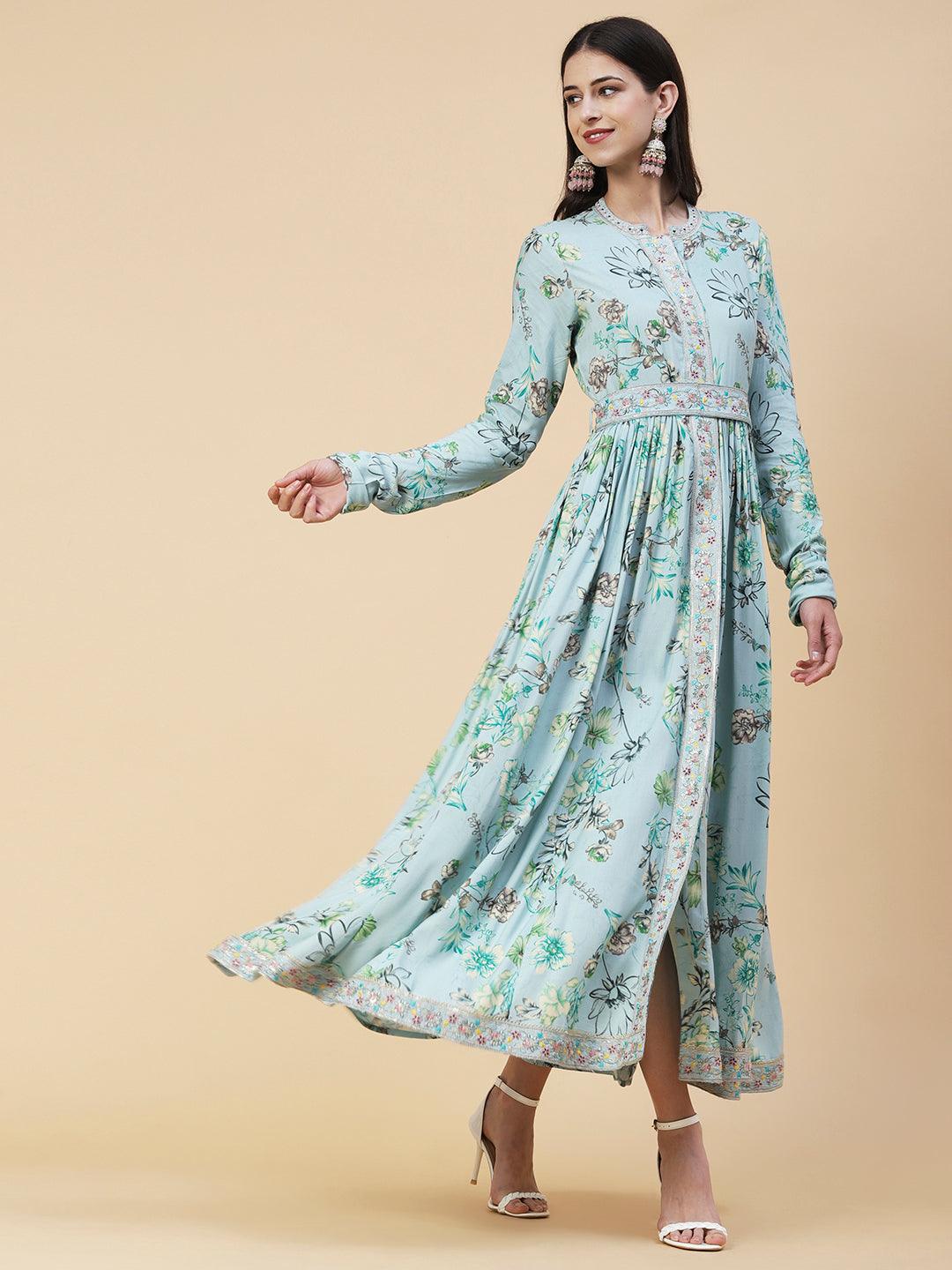 Floral Printed Zari & Resham Embroidered Maxi Dress With Embroidered Belt - Blue - Indiakreations