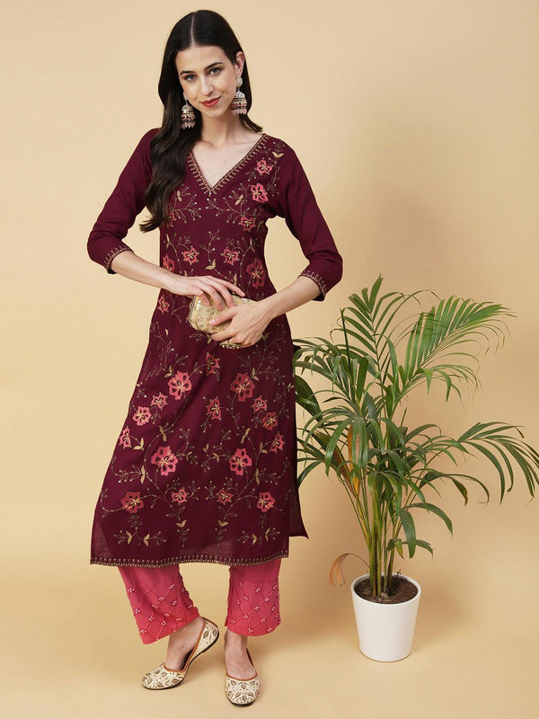 Solid Resham & Sequins Embroidered Floral Jaal Kurta - Maroon - Indiakreations