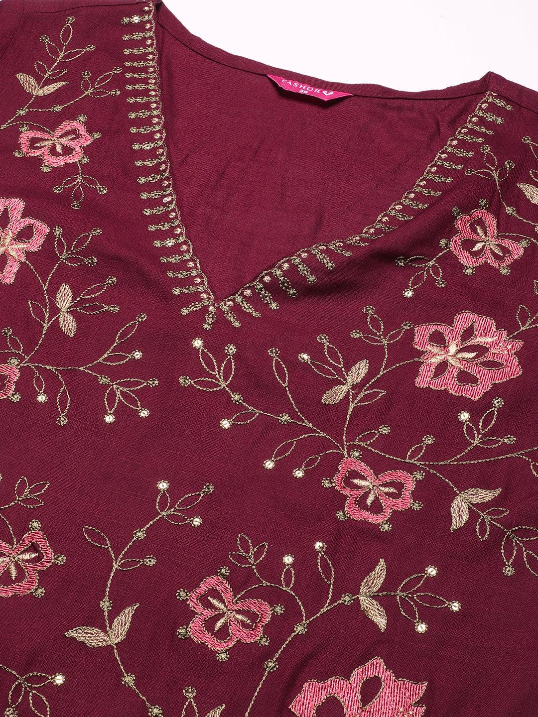 Solid Resham & Sequins Embroidered Floral Jaal Kurta - Maroon - Indiakreations