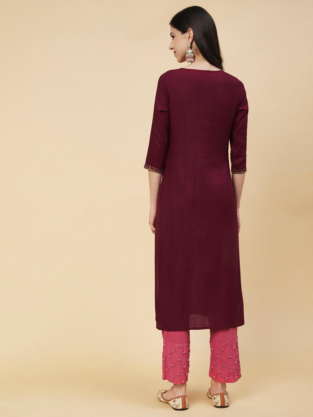 Solid Resham & Sequins Embroidered Floral Jaal Kurta - Maroon - Indiakreations