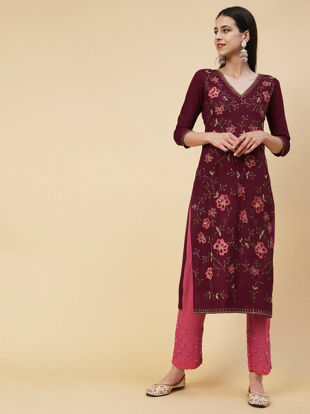 Solid Resham & Sequins Embroidered Floral Jaal Kurta - Maroon - Indiakreations