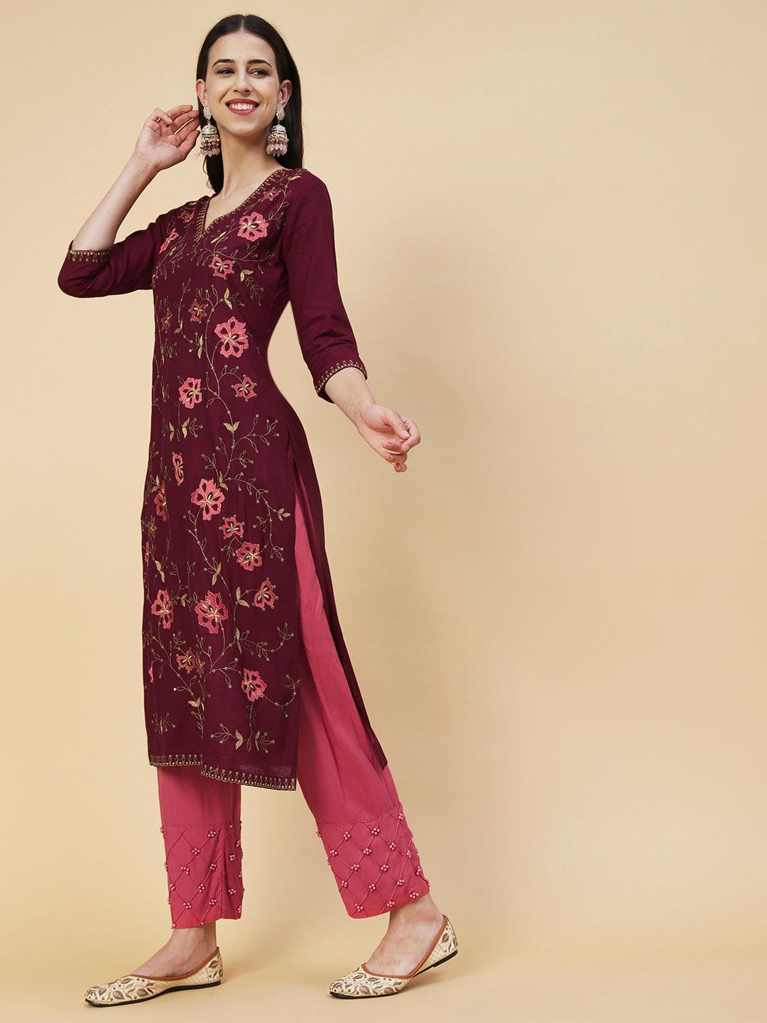 Solid Resham & Sequins Embroidered Floral Jaal Kurta - Maroon - Indiakreations