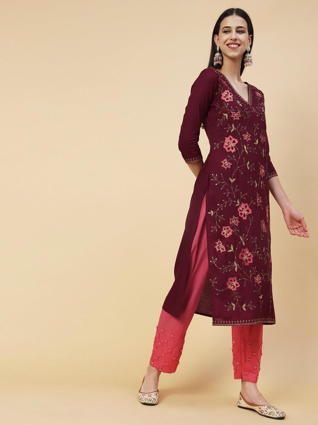 Solid Resham & Sequins Embroidered Floral Jaal Kurta - Maroon - Indiakreations