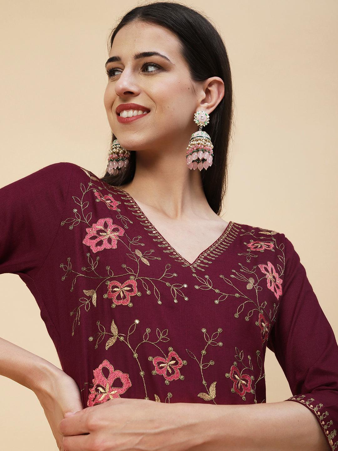 Solid Resham & Sequins Embroidered Floral Jaal Kurta - Maroon - Indiakreations