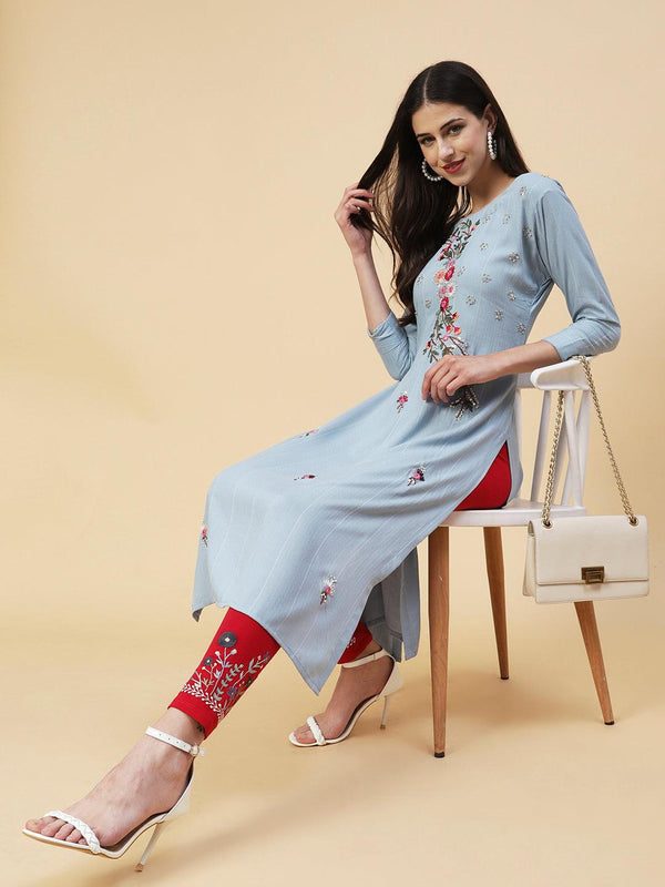 Woven Stripes & Floral Hand Embroidered Straight Fit Kurta - Powder Blue - Indiakreations