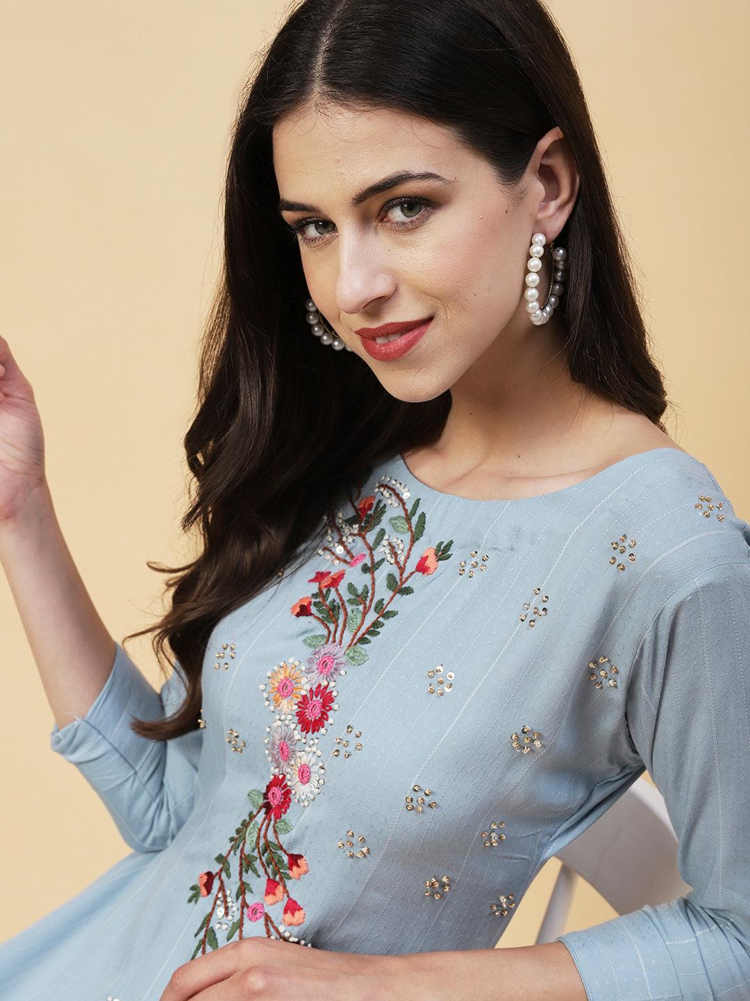 Woven Stripes & Floral Hand Embroidered Straight Fit Kurta - Powder Blue - Indiakreations